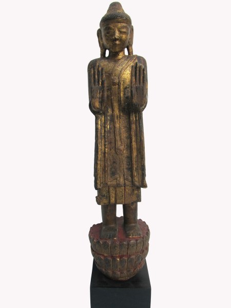 antique-carved-wooden-gilded-statue-of-standing-buddha-on-lotus-base-Thailand- Laos-Burma-00001